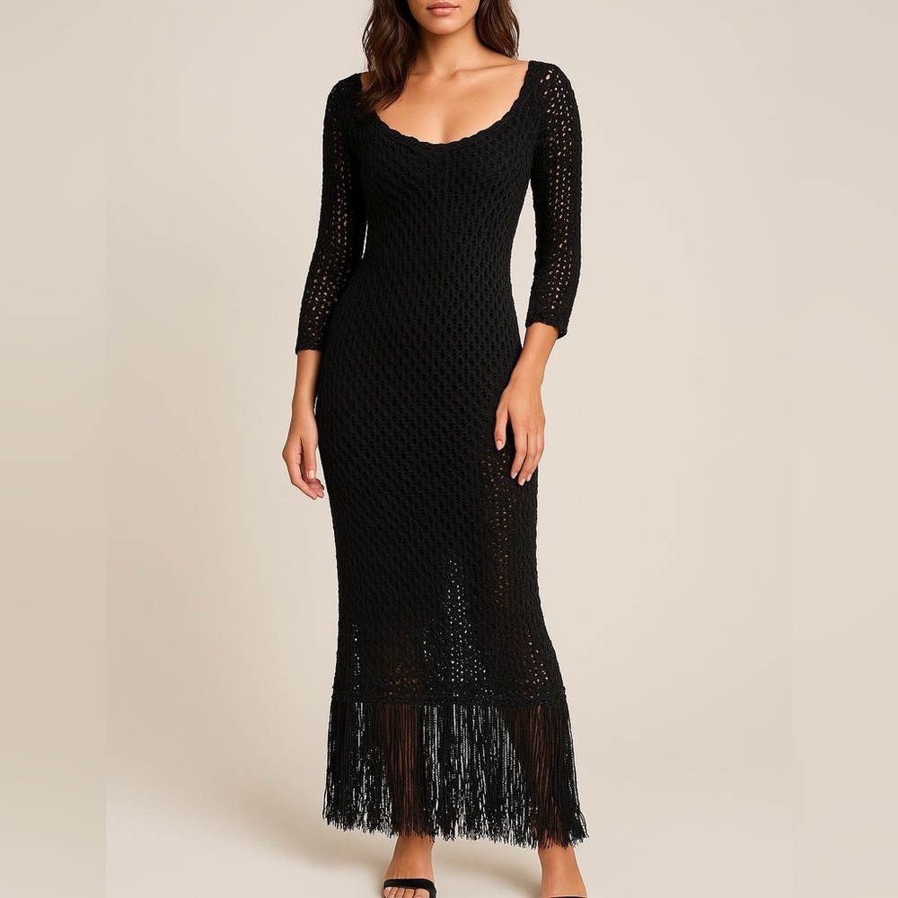 Black Crochet Dress with tasseled hem